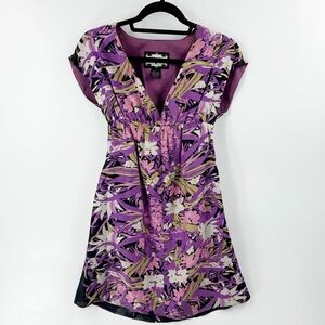 ✅ MEGHAN LA 100% Silk Empire Waist Floral Mini Dress PURPLE/BLACK SIZE 2